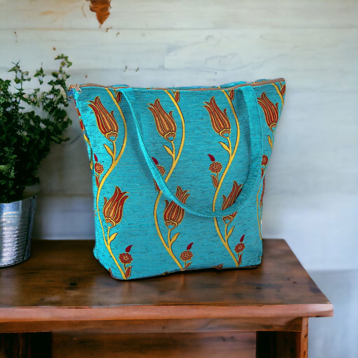 Authentic Kilim Fabric Ottoman Tulips Design Purse with Handles, Turkish Carpet, Beach Bag, Tote, Reusable Shopping Bag -- Turquoise/Gold-1
