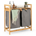 Natural Bamboo 2 Bin Sliding Laundry Hamper with Storage Shelf-0