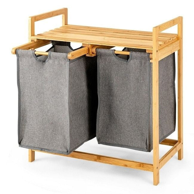 Natural Bamboo 2 Bin Sliding Laundry Hamper with Storage Shelf-0