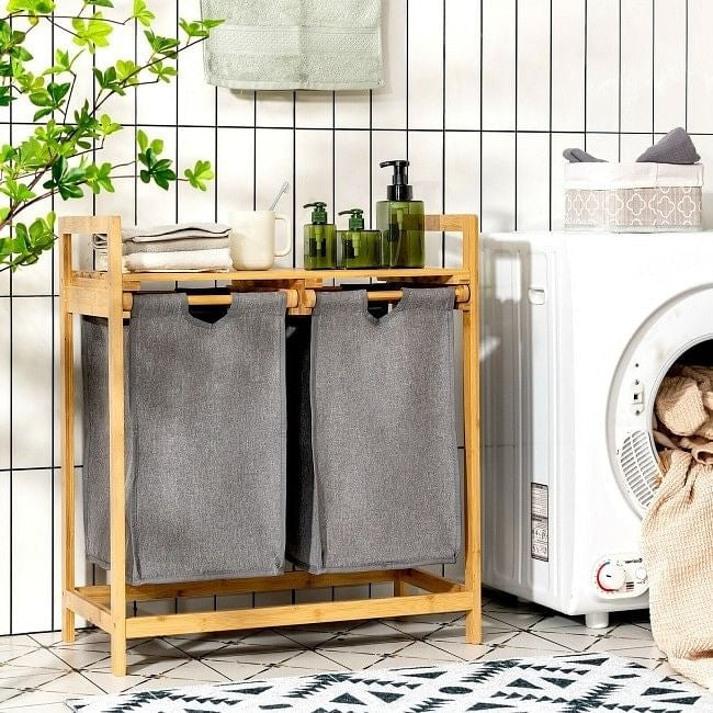 Natural Bamboo 2 Bin Sliding Laundry Hamper with Storage Shelf-1