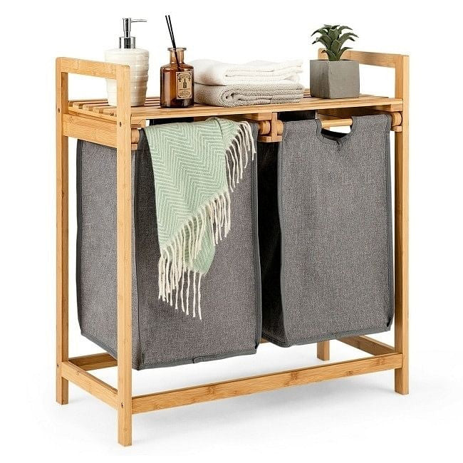 Natural Bamboo 2 Bin Sliding Laundry Hamper with Storage Shelf-2
