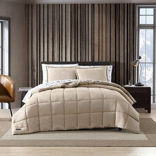 Full/Queen Plush Sherpa Reversible Micro Suede Comforter Set in Beige-2