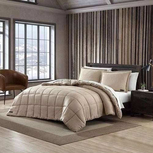 King Plush Sherpa Reversible Micro Suede Comforter Set in Beige-0