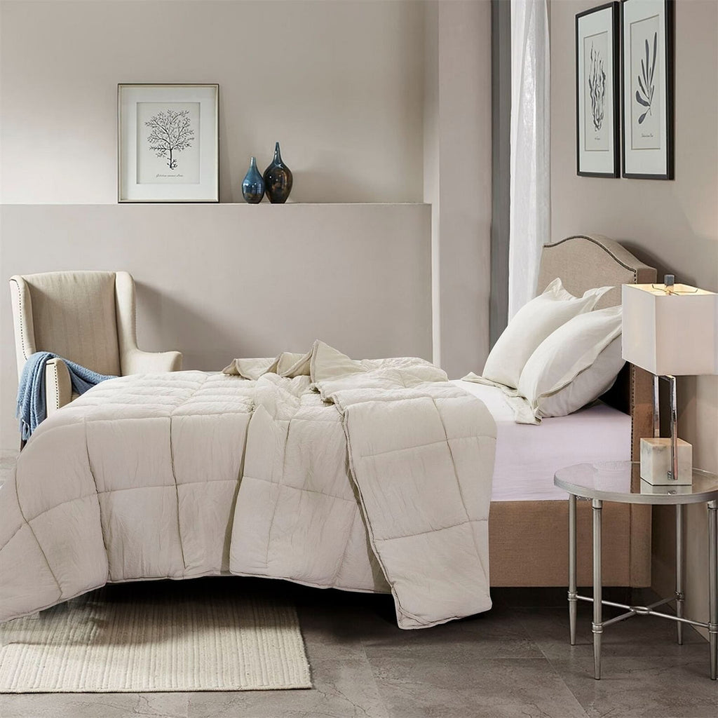 Queen Size Beige 3 Piece Microfiber Reversible Comforter Set-0