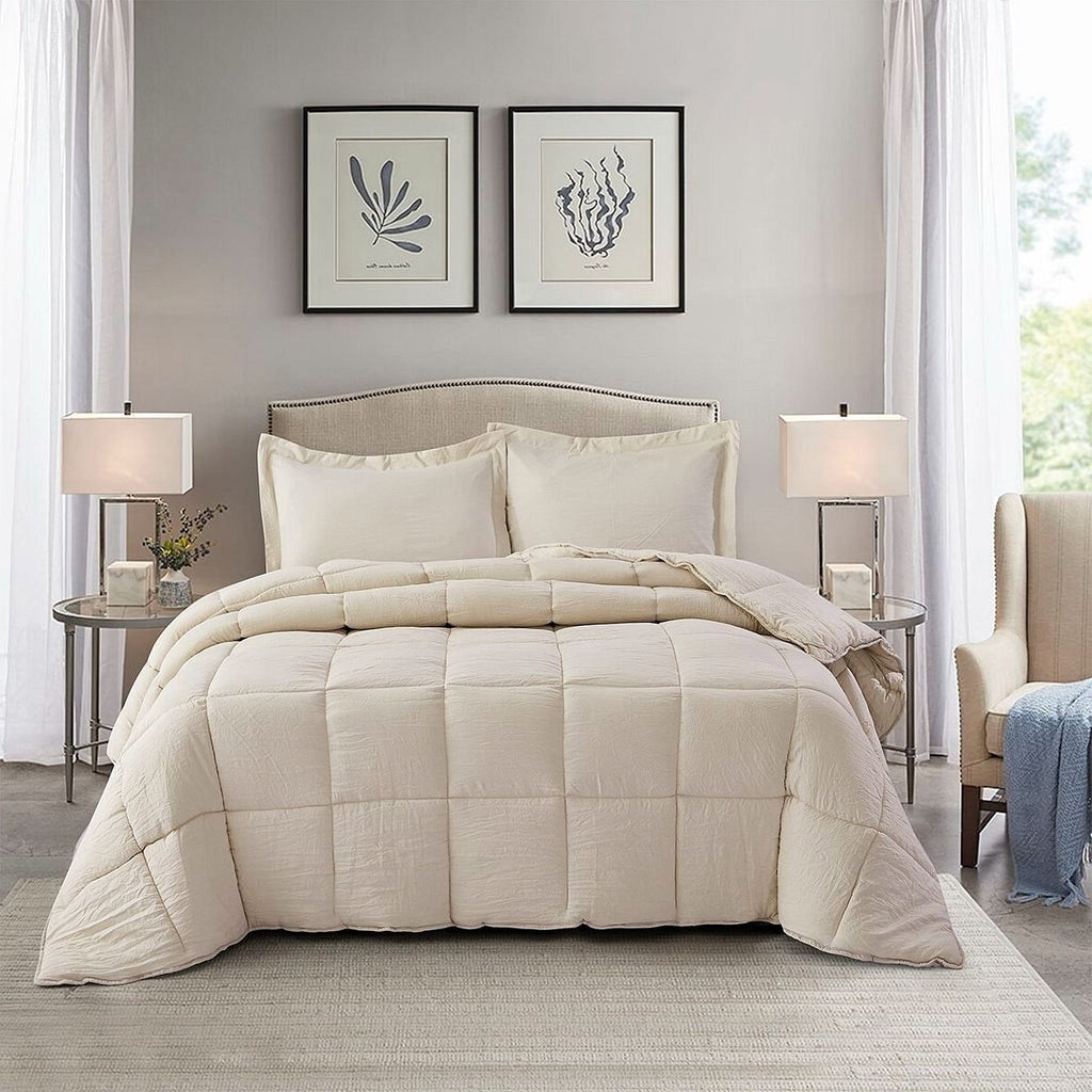 Queen Size Beige 3 Piece Microfiber Reversible Comforter Set-2