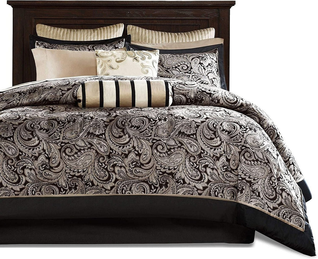 King 12 Piece Cotton Polyester Comforter Set Black Gold Paisley-2