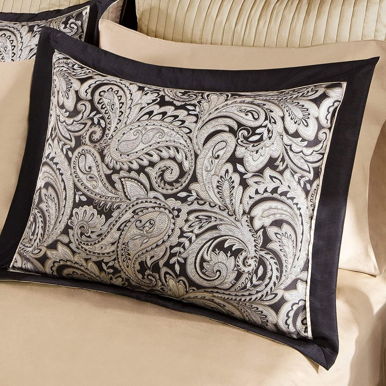 Queen 12 Piece Cotton Polyester Comforter Set Black Gold Paisley-1