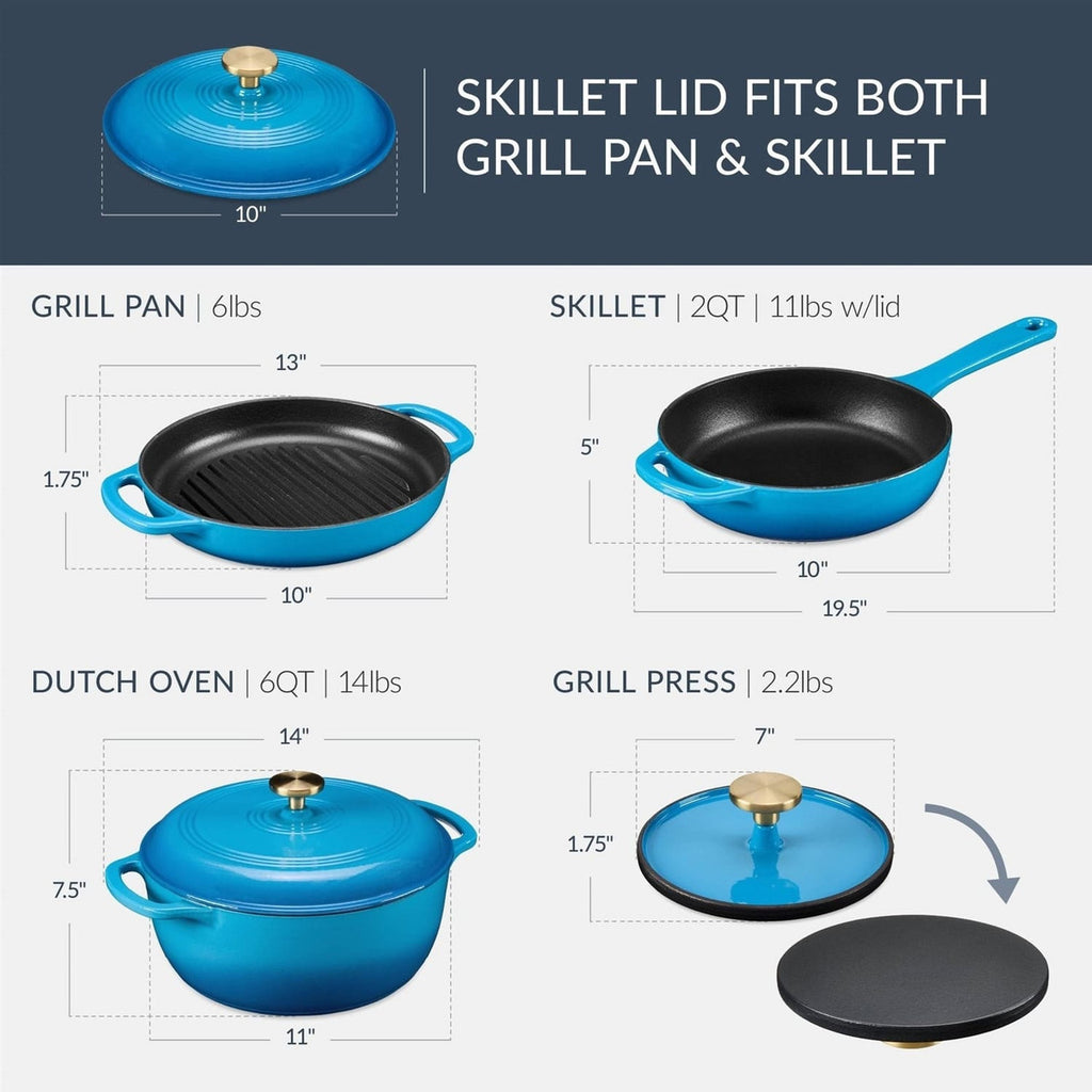 Blue 6-Piece Non-Stick Cast Iron Cookware Set - Skillet Grill Pan Dutch Oven-0