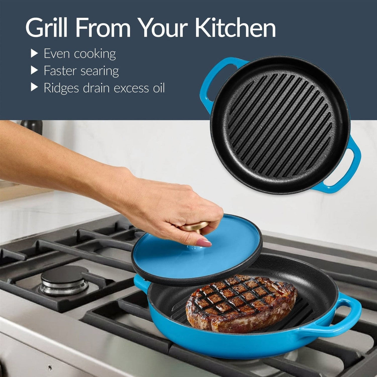 Blue 6-Piece Non-Stick Cast Iron Cookware Set - Skillet Grill Pan Dutch Oven-1