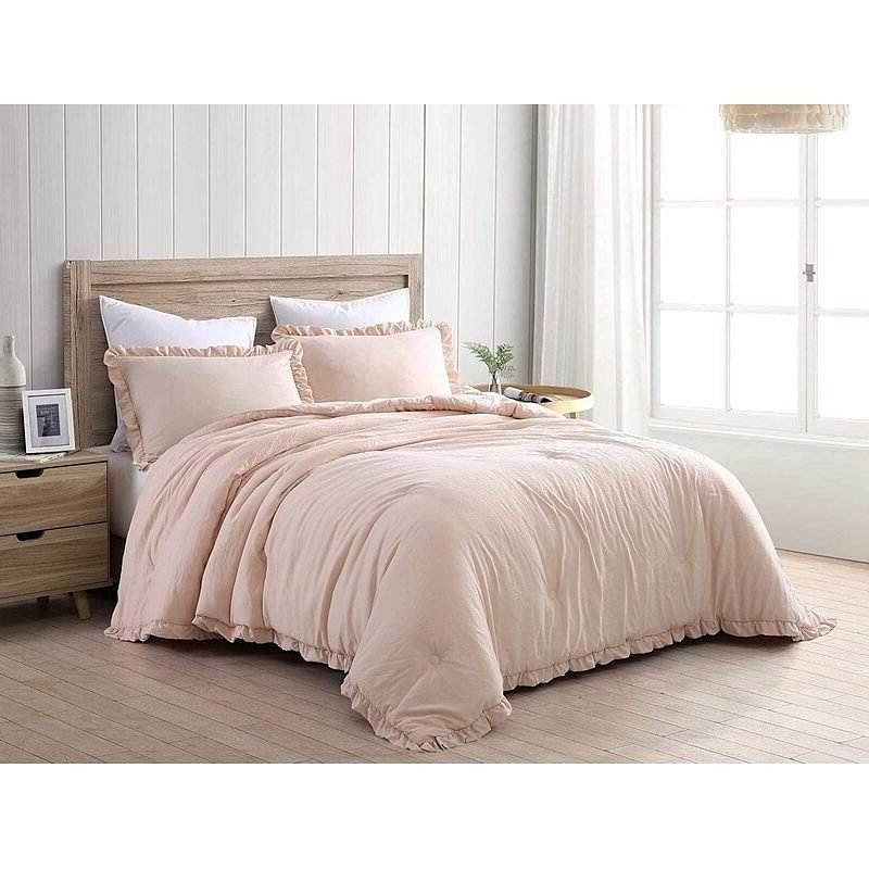 Full Size Pink Stone Washed Ruffled Edge Microfiber Comforter Set-0