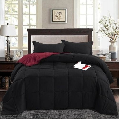 King/Cal King Traditional Microfiber Reversible 3 Piece Comforter Set in Black/Maroon-2