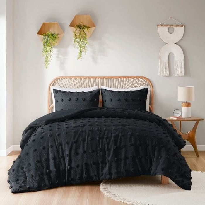 King/Cal King 3 Piece Pompom Microfiber Hypoallergenic Comforter Set in Black-0