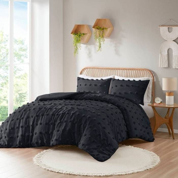 King/Cal King 3 Piece Pompom Microfiber Hypoallergenic Comforter Set in Black-1