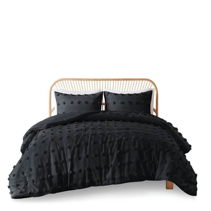 King/Cal King 3 Piece Pompom Microfiber Hypoallergenic Comforter Set in Black-2