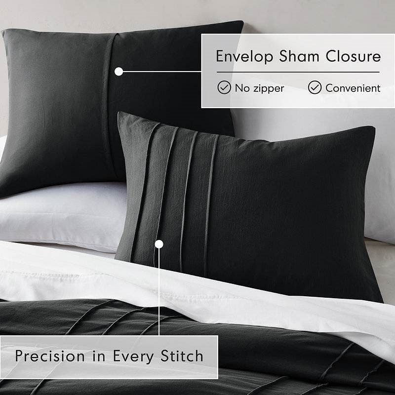 King size Pre-Washed Pleated Microfiber Comforter Set in Black-0