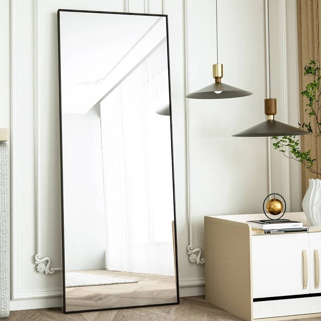 Black 64-inch Full Length Floor Mirror with Stand and Wall Mounting Holes-1