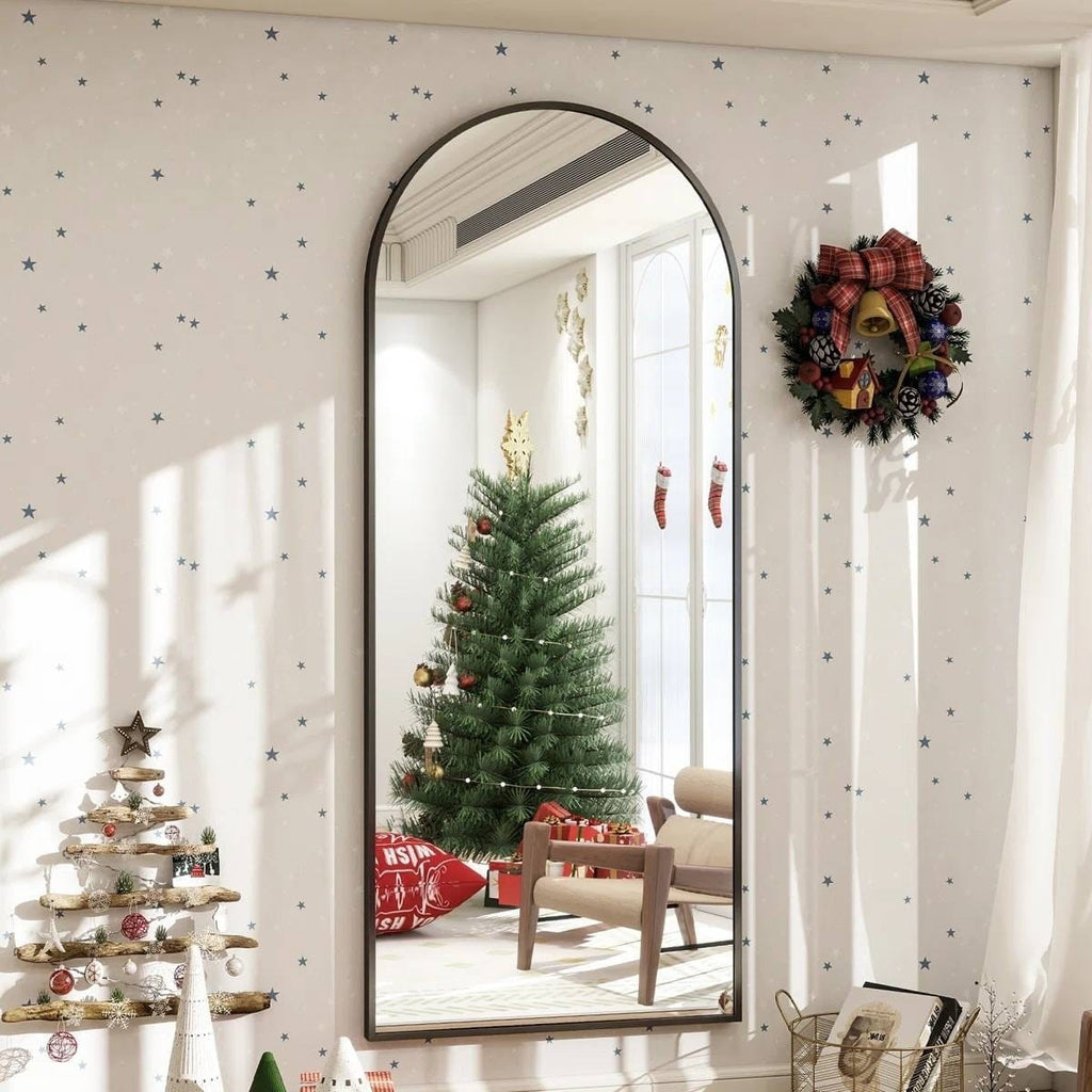 Black 64-inch Full Length Arched Floor Mirror with Stand and Wall Hanging Screws-0
