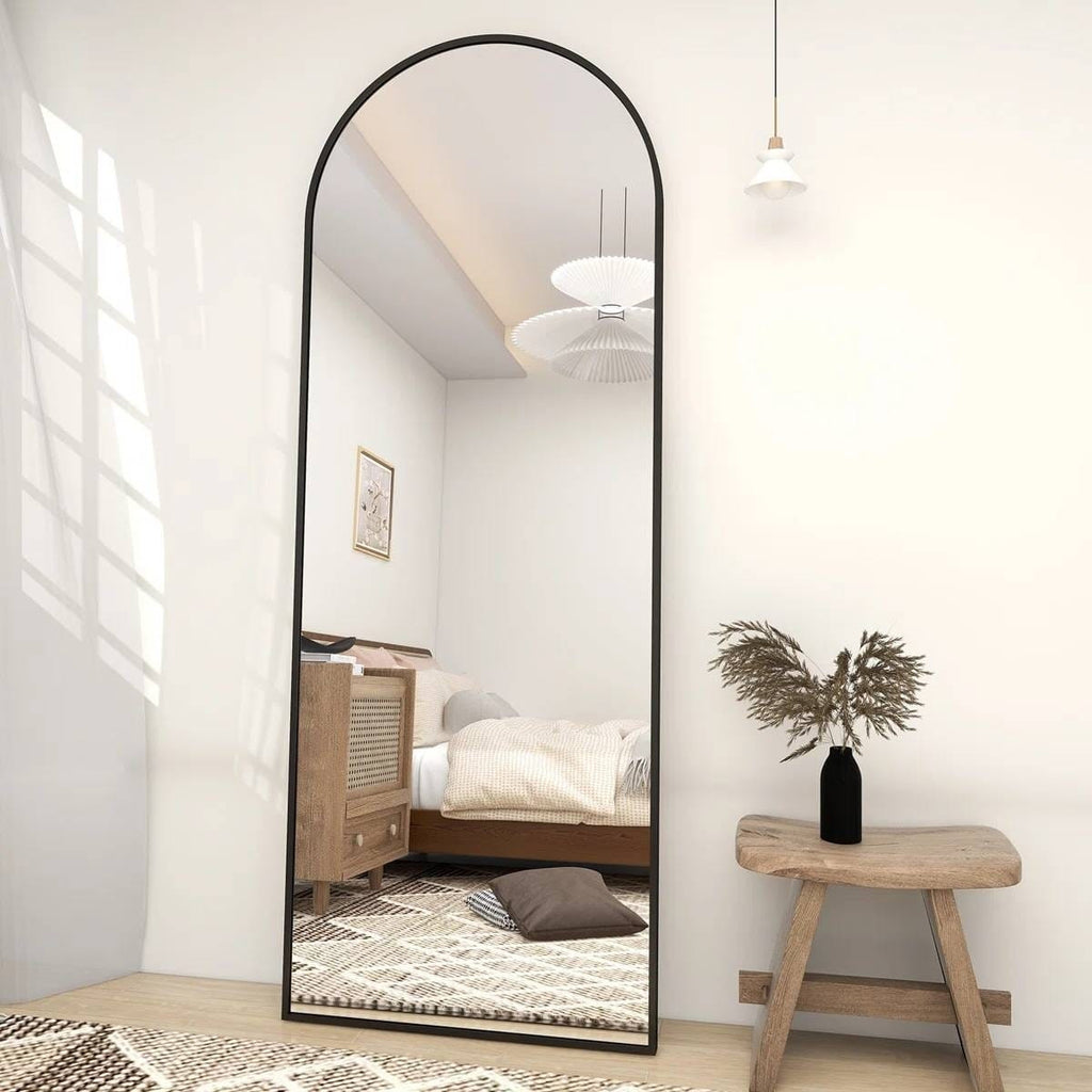 Black 64-inch Full Length Arched Floor Mirror with Stand and Wall Hanging Screws-1