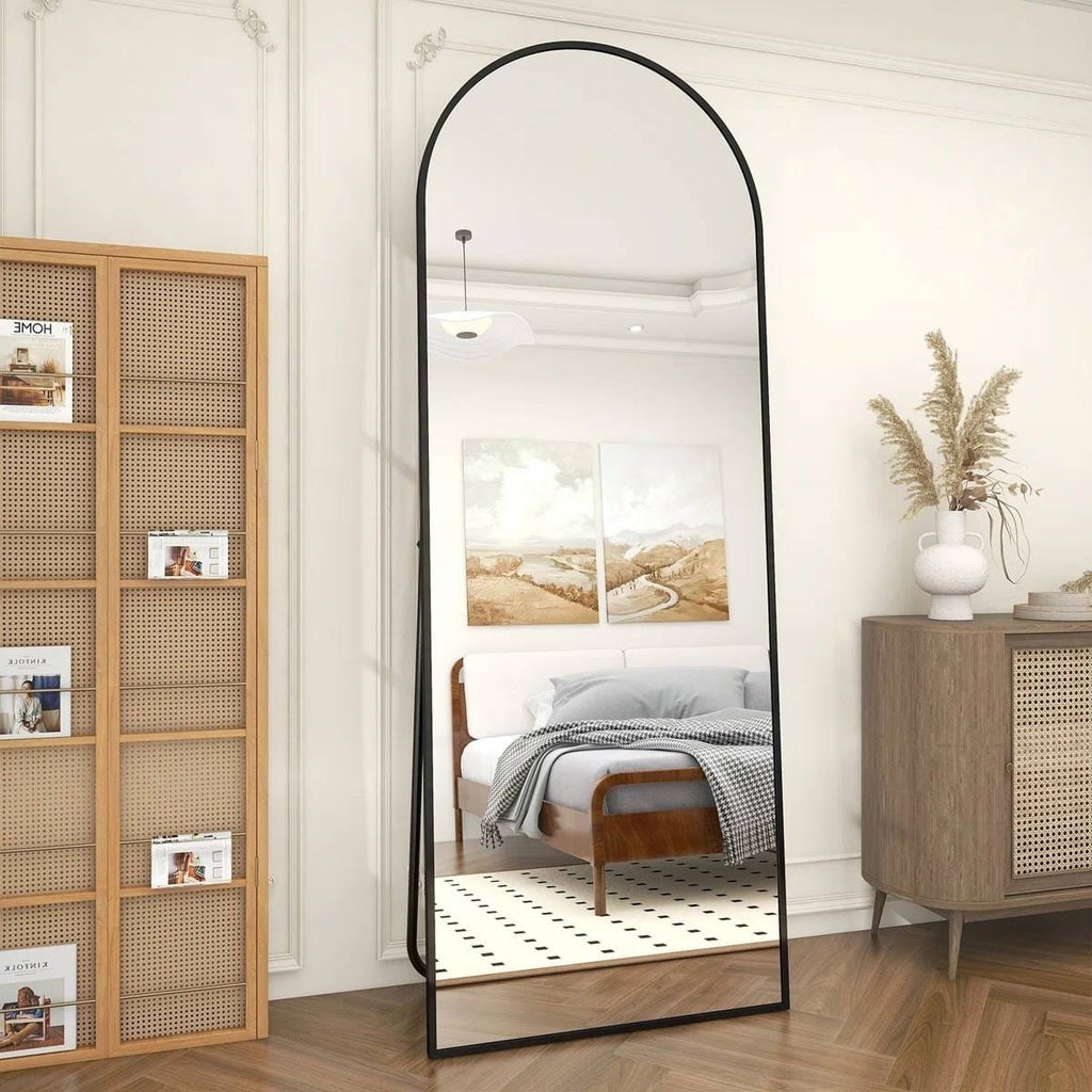 Black 64-inch Full Length Arched Floor Mirror with Stand and Wall Hanging Screws-2