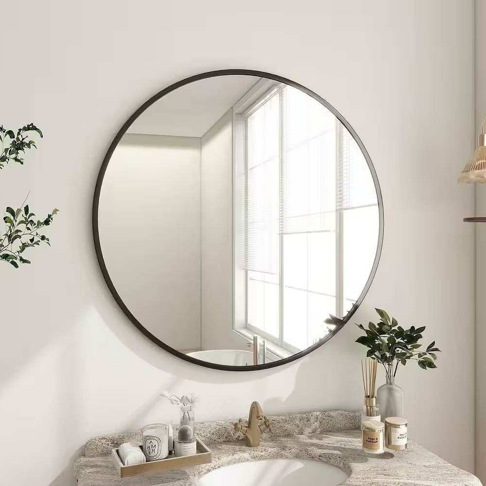 Round 24-inch Circular Bathroom Wall Mirror with Black Frame-1