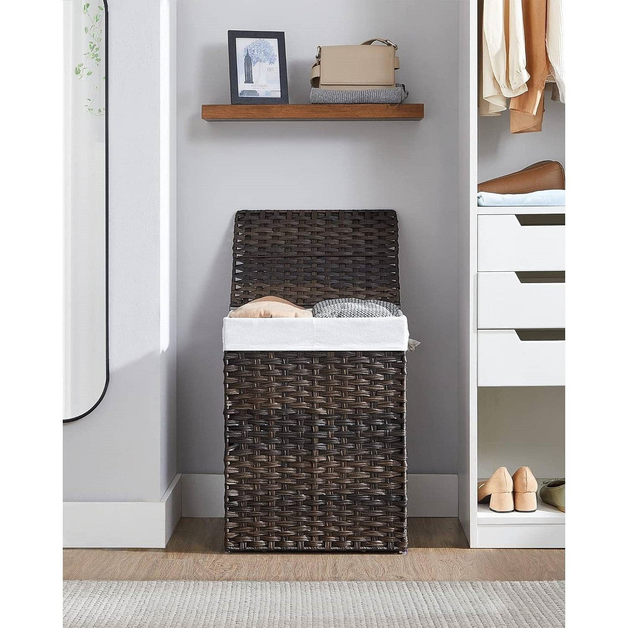 Brown PP Rattan 24-Gal Laundry Hamper Basket w/ 2-Compartment Washable Liner Bag-0