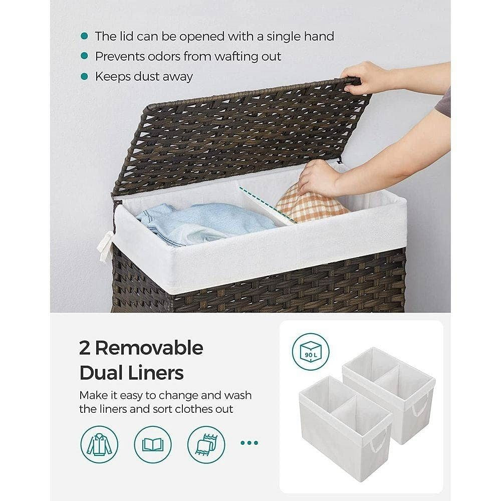 Brown PP Rattan 24-Gal Laundry Hamper Basket w/ 2-Compartment Washable Liner Bag-1