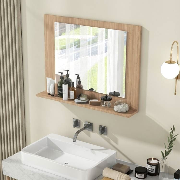 Rectangular 23 x 17 inch Bathroom Wall Mirror with Shelf in Brown Wood Finish-0