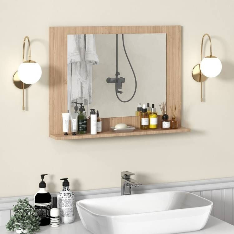 Rectangular 23 x 17 inch Bathroom Wall Mirror with Shelf in Brown Wood Finish-1