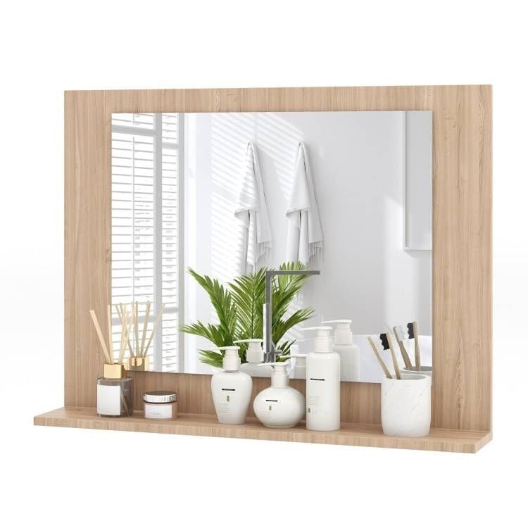 Rectangular 23 x 17 inch Bathroom Wall Mirror with Shelf in Brown Wood Finish-2