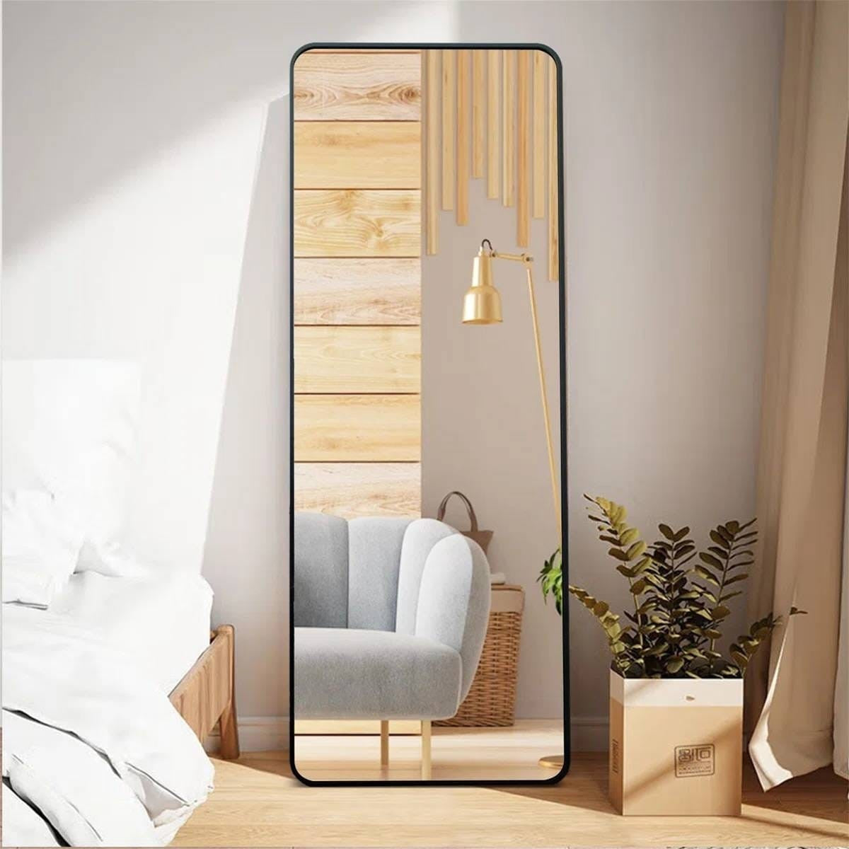 Black 65-inch Full Length Floor Mirror with Stand and Wall Mount Holes-0