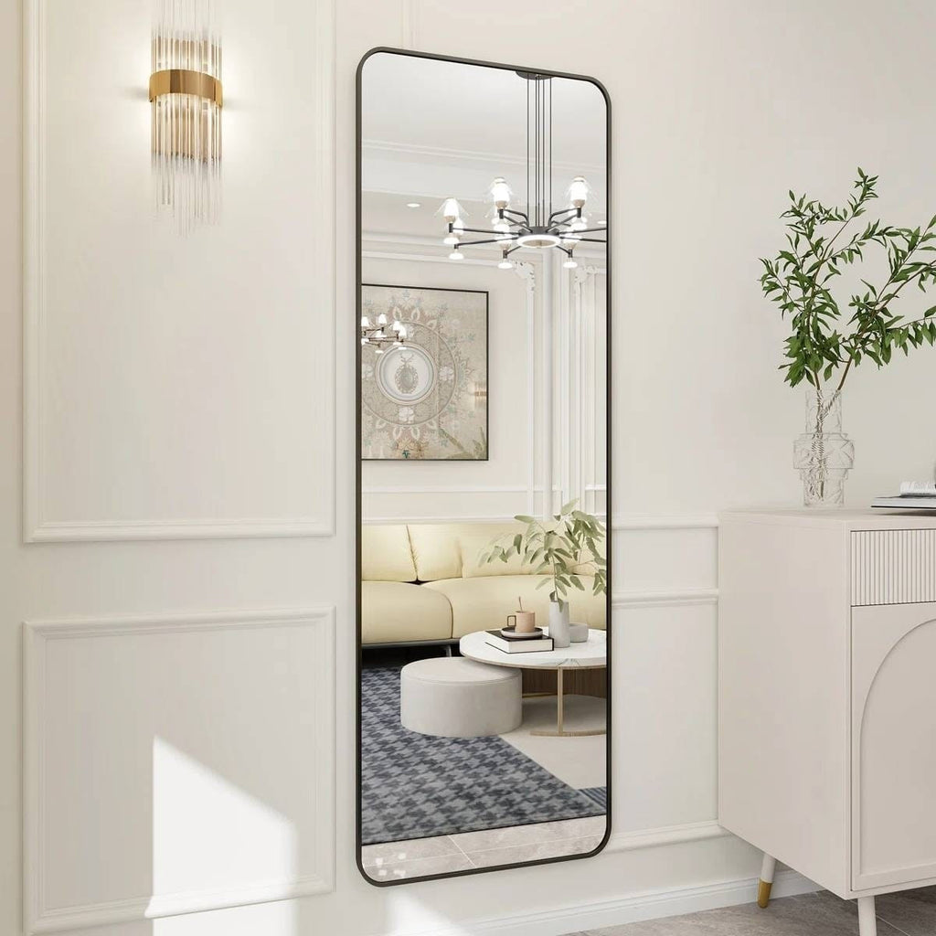 Black 65-inch Full Length Floor Mirror with Stand and Wall Mount Holes-1