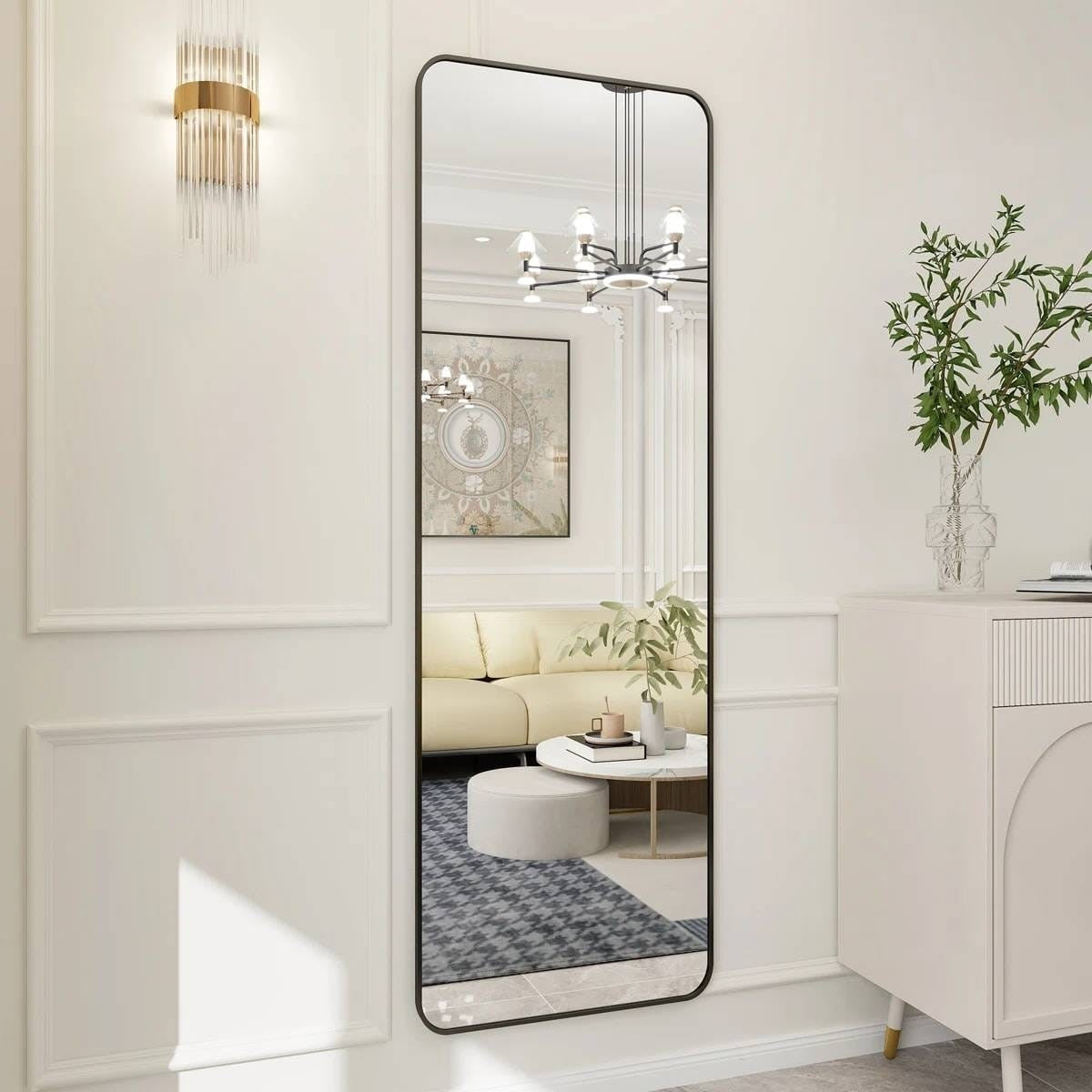 Black 65-inch Full Length Floor Mirror with Stand and Wall Mount Holes-1