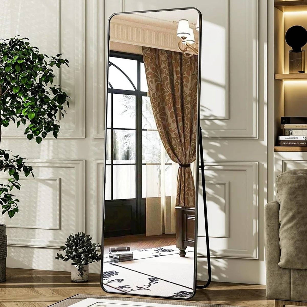 Black 65-inch Full Length Floor Mirror with Stand and Wall Mount Holes-2
