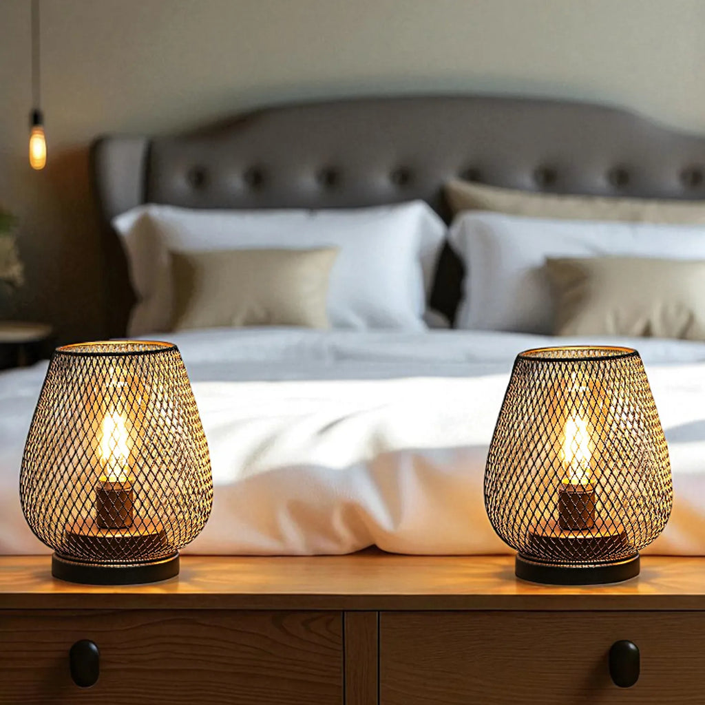 Set of 2 Metal Cage LED Battery Powered Lamp-1