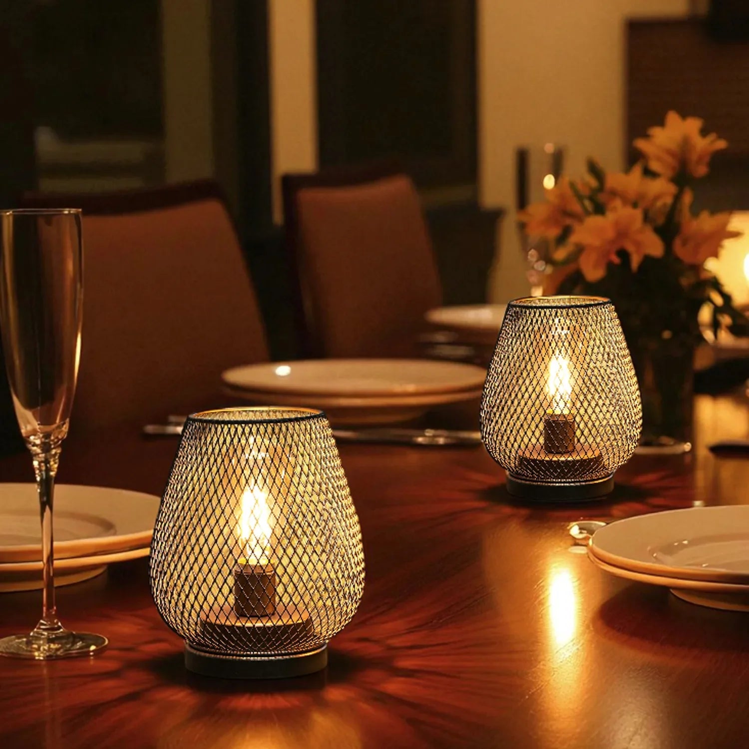 Set of 2 Metal Cage LED Battery Powered Lamp-2