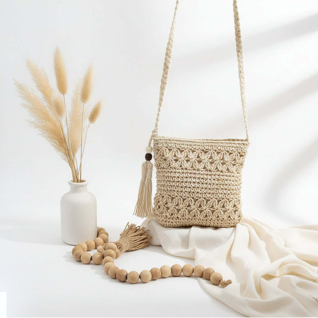 Beaded tassel straw crossbody bag floral-0