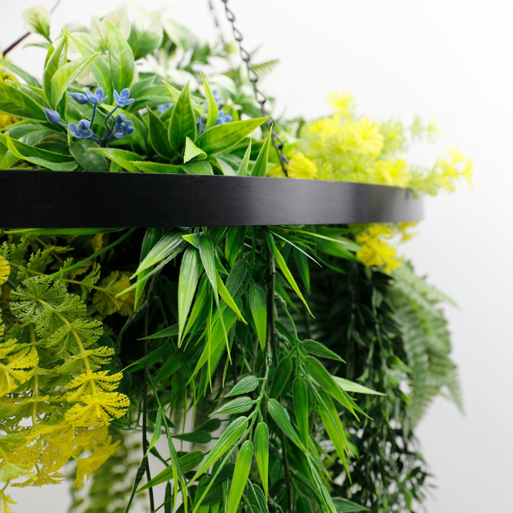 Artificial Hanging Plant Chandelier – Tropical Foliage Circular Ring (24.8in long) Black Frame – UV Resistant-2