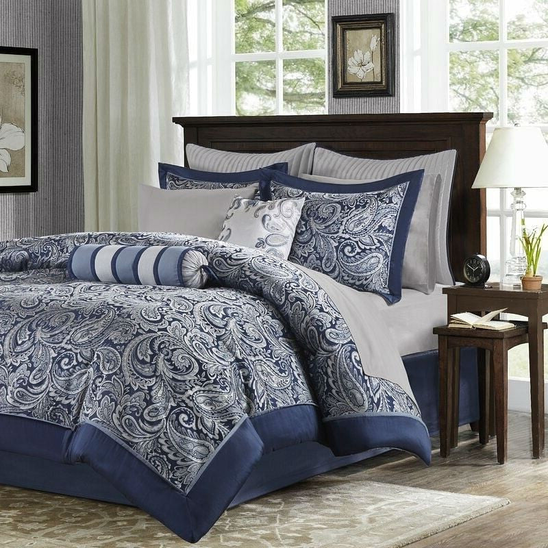 California King 12-piece Reversible Microfiber Comforter Set Navy Blue White-0