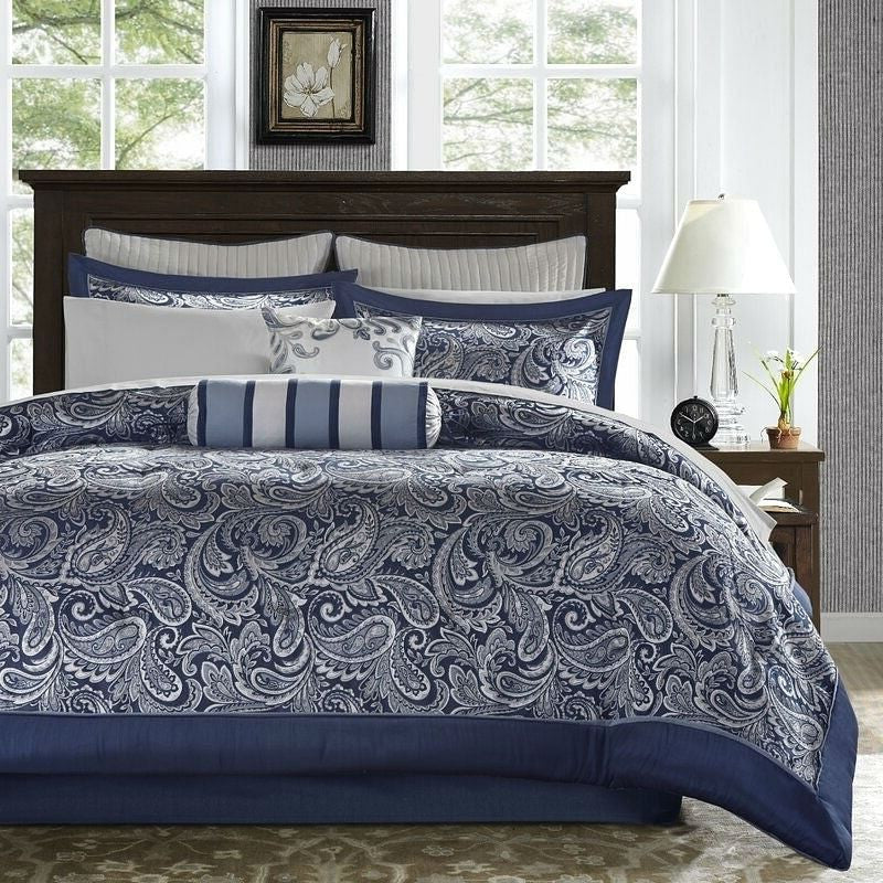 California King 12-piece Reversible Microfiber Comforter Set Navy Blue White-2