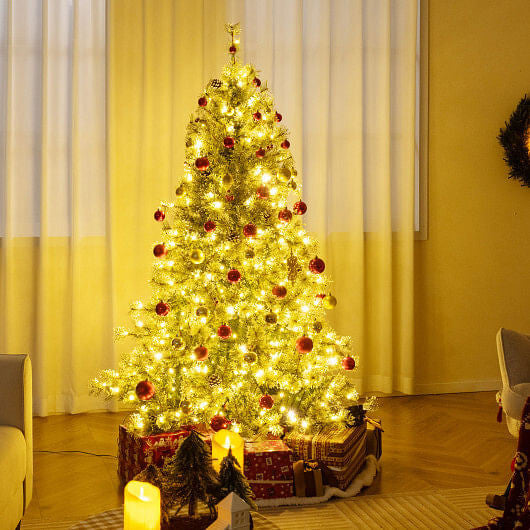6/7.5/9 FT Artificial Christmas Tree Pre-Lit Hinged Holiday Tree with 360?° Quick Power Connector-6-3