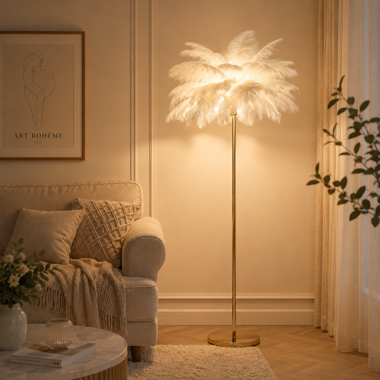 Luxury Ostrich Feather Floor Lamp, 160cm Tall Modern Standing Light with 58+ Extra-Full 45cm Lengthened Feathers-2