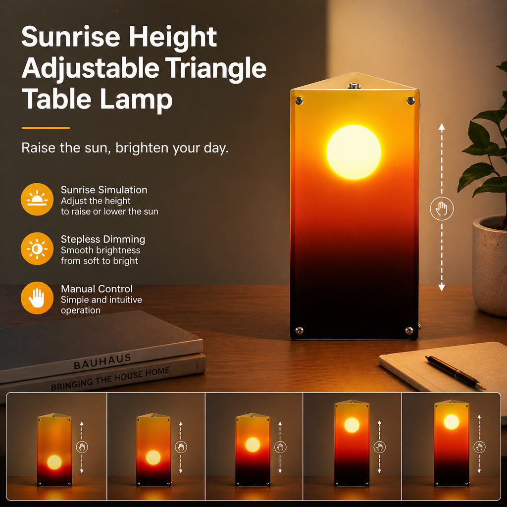Sunrise Triangle Table Lamp - Interactive Sunset Mood Light with Manual Height-Adjustable "Sun"-1