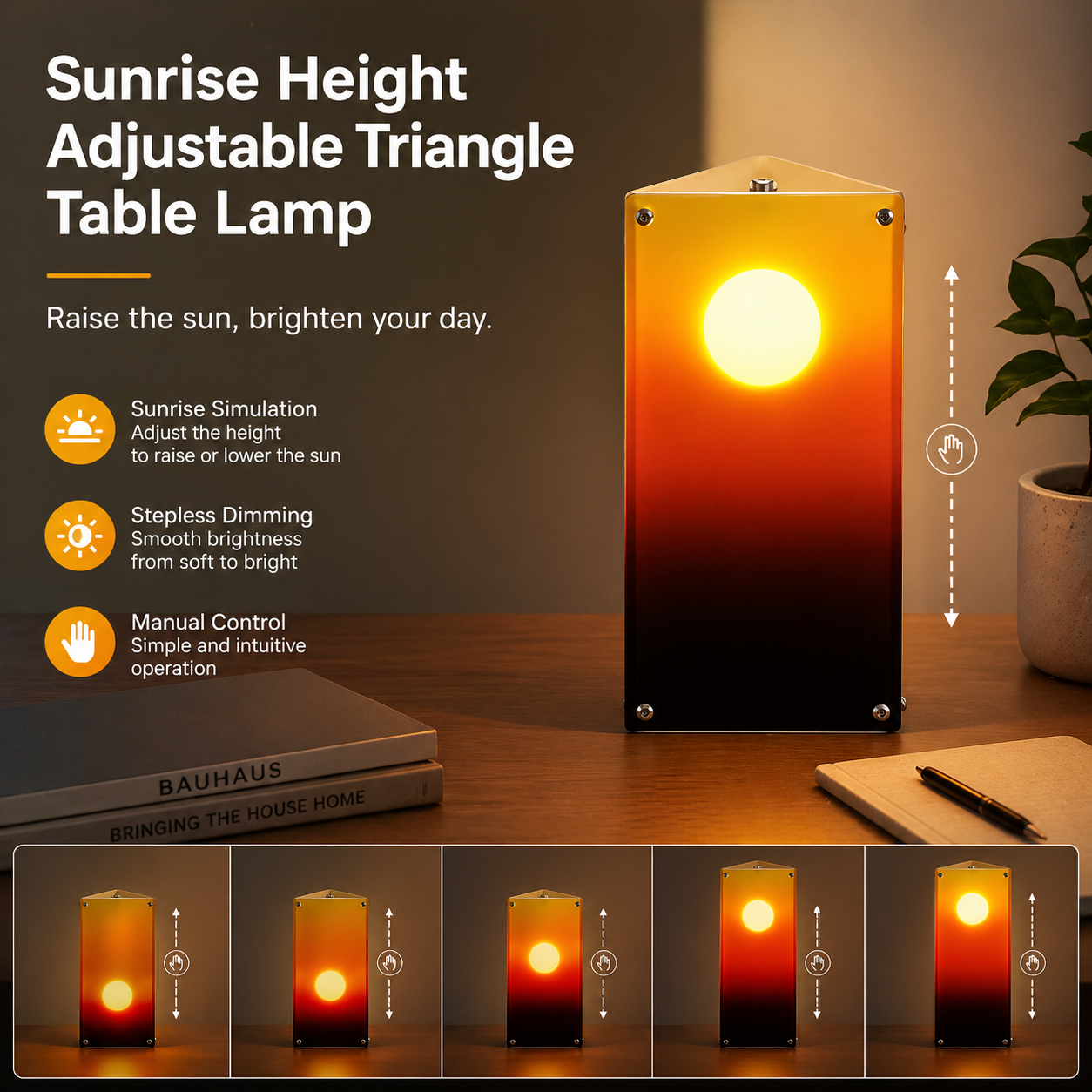 Sunrise Triangle Table Lamp - Interactive Sunset Mood Light with Manual Height-Adjustable "Sun"-1