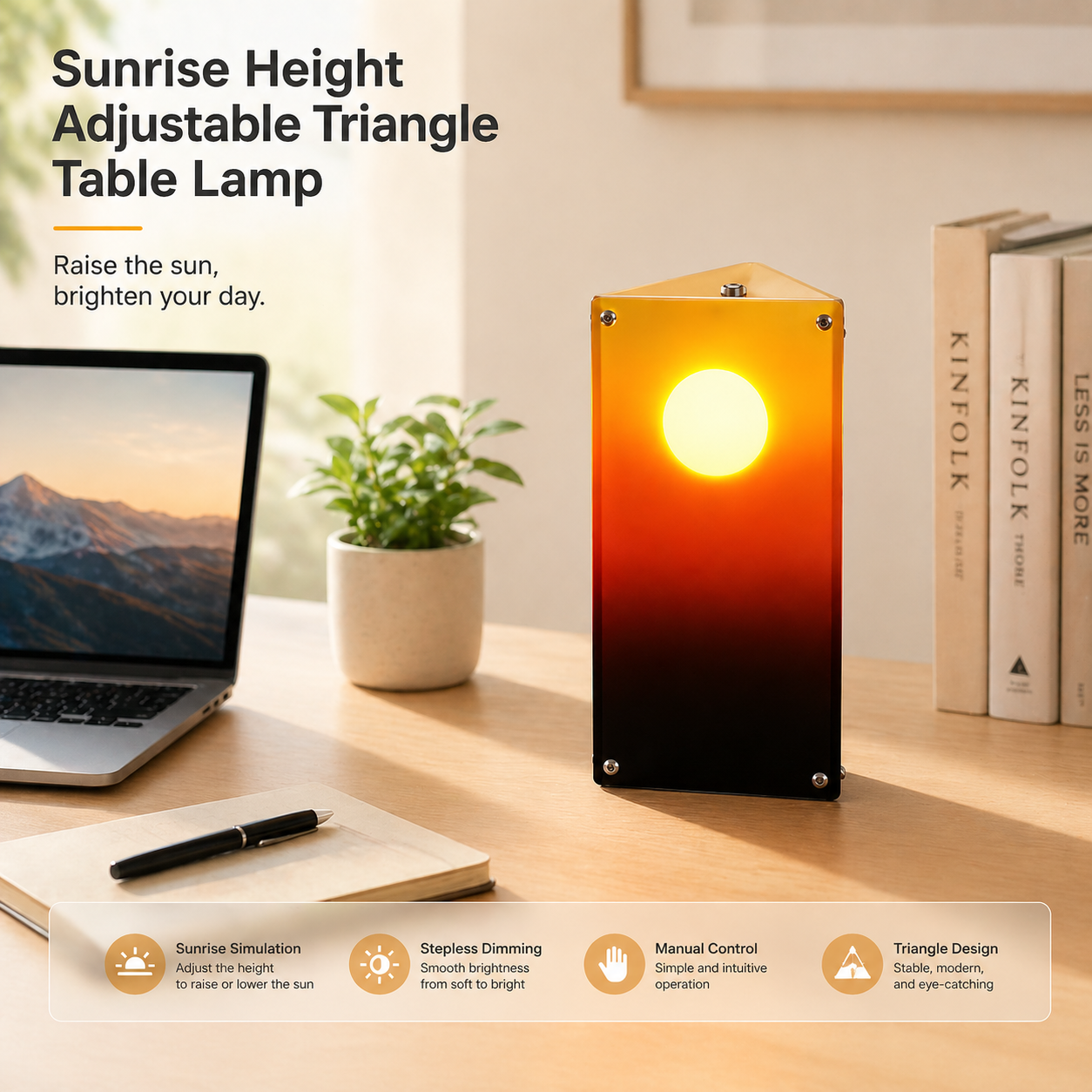 Sunrise Triangle Table Lamp - Interactive Sunset Mood Light with Manual Height-Adjustable "Sun"-0