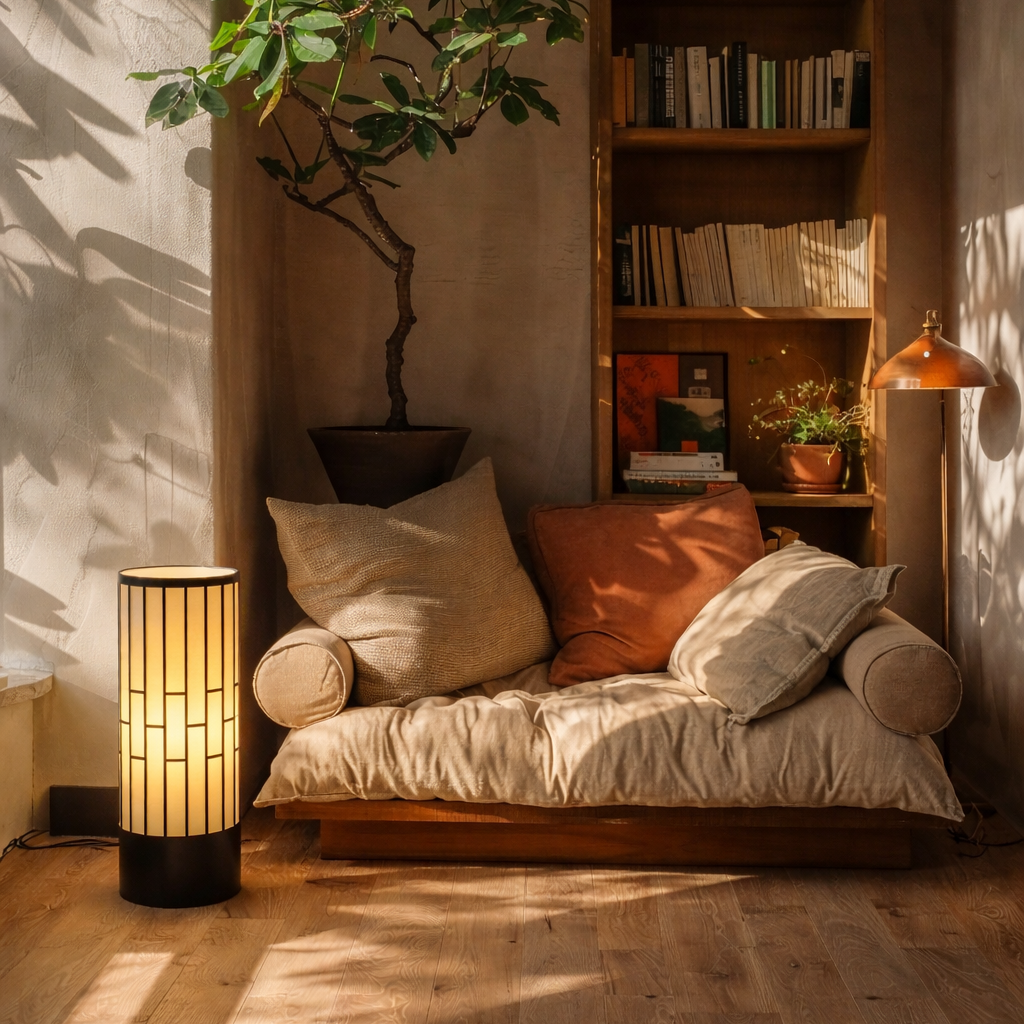 Japanese Style Floor Lamp, Cylindrical Table Floor Lamp with Fabric Shade, Warm Ambient LED Lamp for Living Room, Bedroom, Reading Nook, Minimalist Home Decor-1