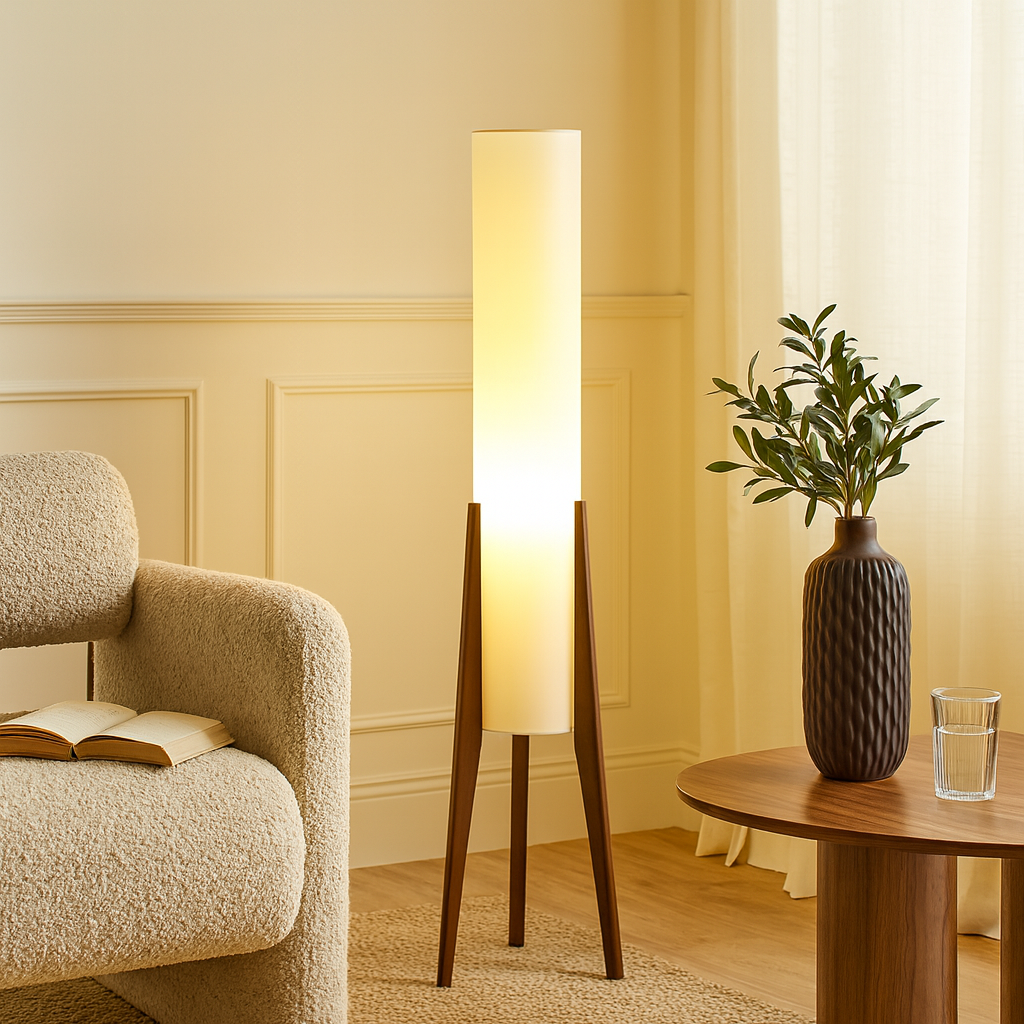 Modern Cylinder Floor Lamp with Wooden Tripod Legs-0