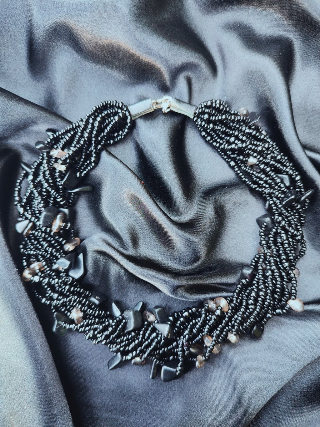 Black Multi-Strand Beaded Necklace - Handmade Statement Jewelry-1