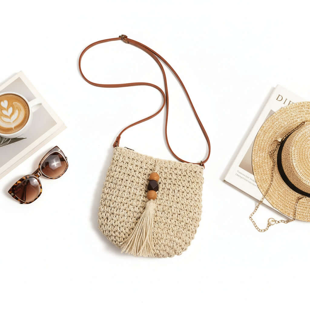 Crossbody Straw Beach Bag with Wooden Bead Tassels-0