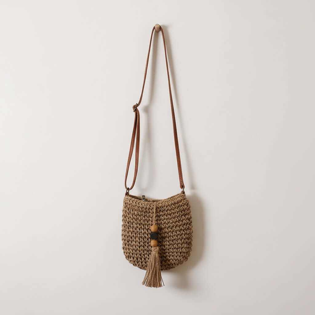 Crossbody Straw Beach Bag with Wooden Bead Tassels-1