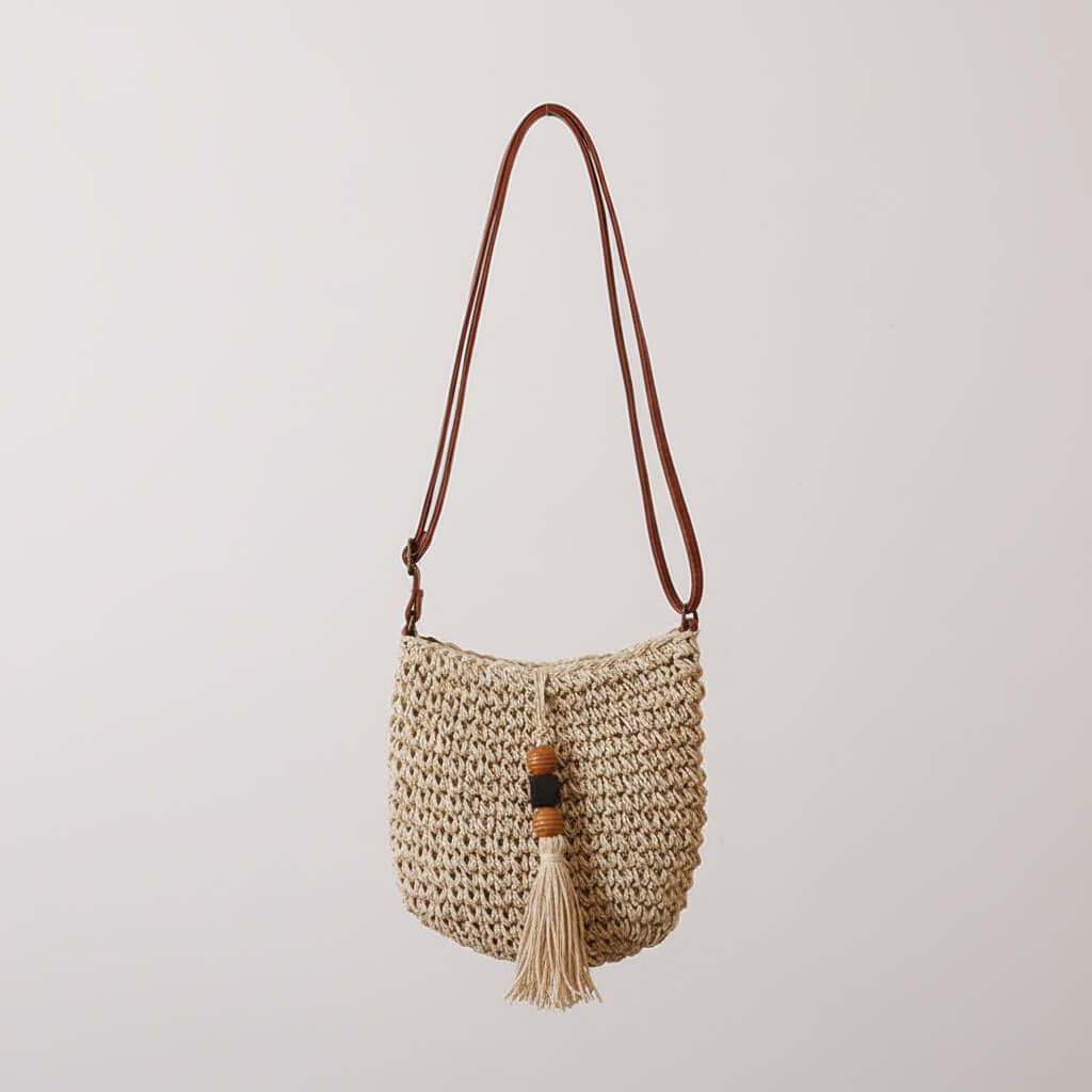 Crossbody Straw Beach Bag with Wooden Bead Tassels-2